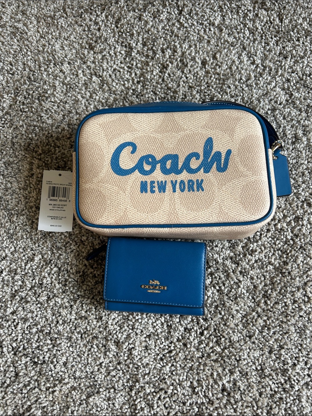 Coach Beige Canvas Crossbody with Vibrant Blue Trim and Wallet